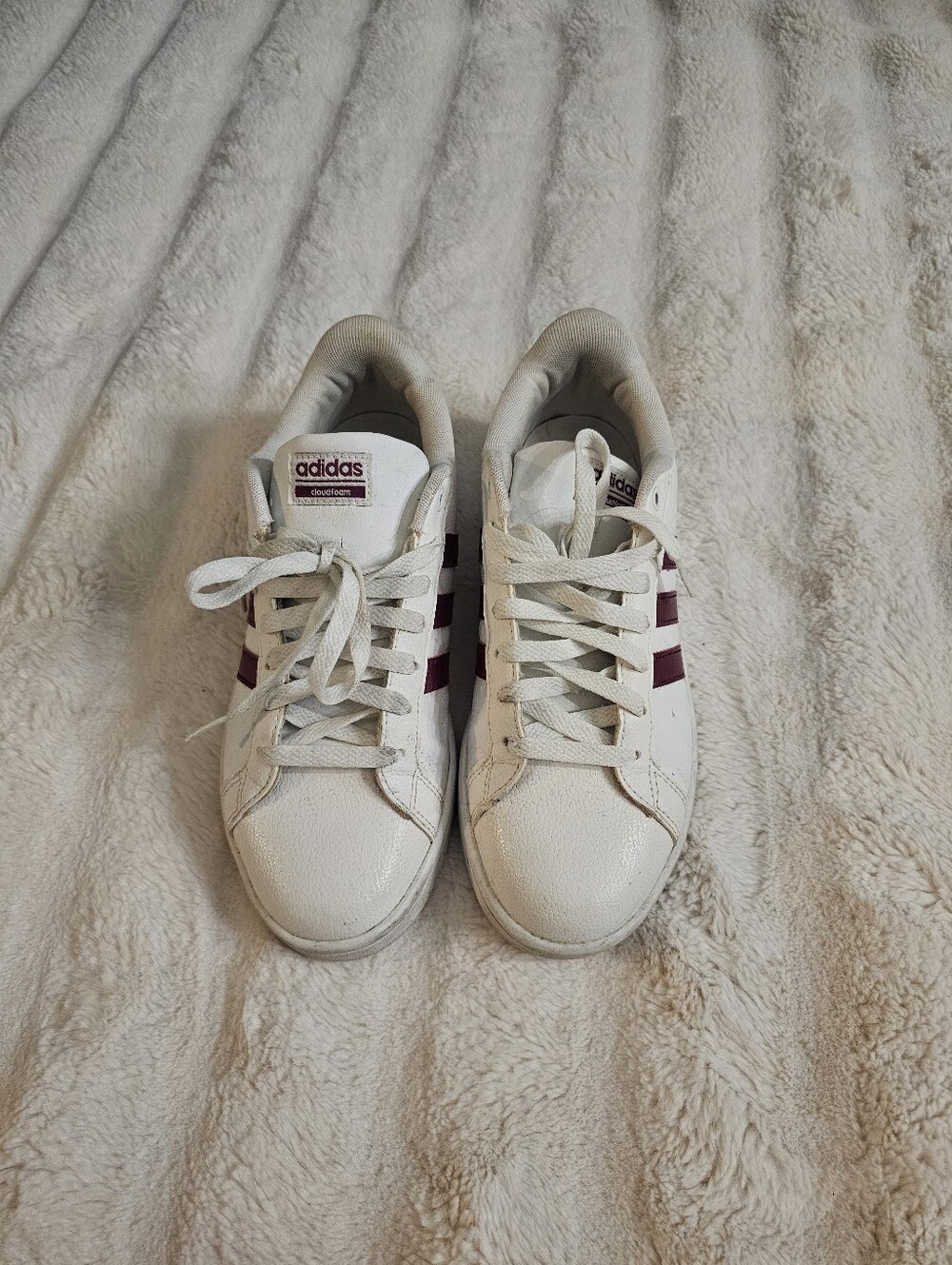 adidas White Sneakers with Maroon Stripes